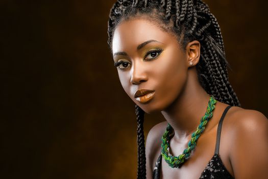 Close up Studio portrait of beautiful young african woman with braids. Low key face shot of elegant girl looking at camera against dark background.