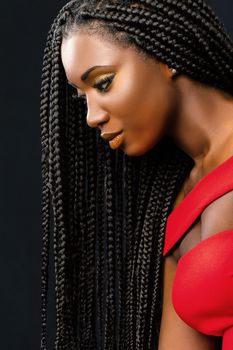 Close up vertical beauty portrait of young african woman with long braided hair against dark background.
