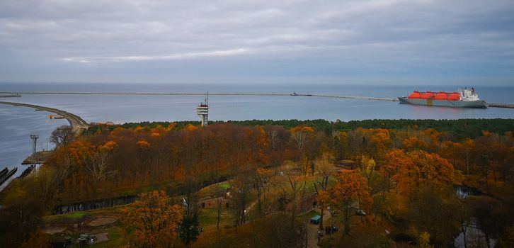 Look from Lighthouse in Swinoujscie to park and sea at fall in November