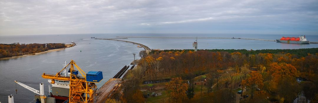 Look from Lighthouse in Swinoujscie to park and sea at fall in November