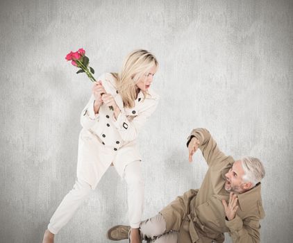 Angry woman attacking partner with rose bouquet against white background