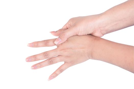 Woman with hand pain on white background, health care and medical concept