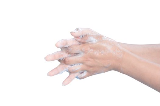 Closeup woman's hand washing with soap on white background, health care concept