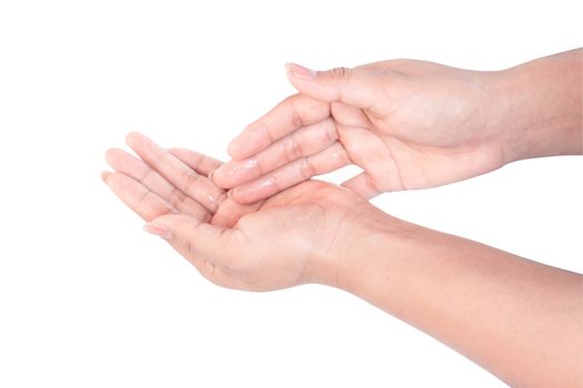 Closeup woman's hand washing with soap on white background, health care concept