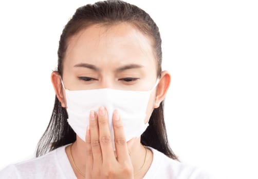 Closeup woman wearing face mask for protect air polution with white background, health care and medical concept