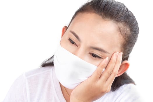 Closeup woman wearing face mask for protect air polution with white background, health care and medical concept