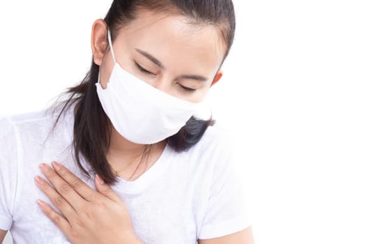 Closeup woman wearing face mask for protect air polution with white background, health care and medical concept