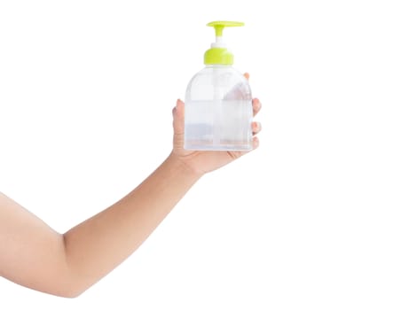 Woman hand holdding alcohol gel in plastic bottle for washing hand, health care and medical concept