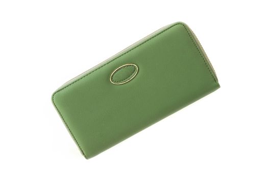 Closeup modern green color woman wallet on white background