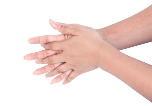 Closeup woman hand washing with alcohol gel on white background, health care and medical concept