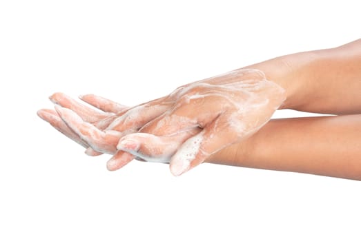 Closeup woman's hand washing with soap on white background, health care concept