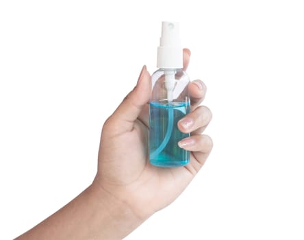 Woman hand using alcohol spray in plastic bottle for washing hand, health care and medical concept