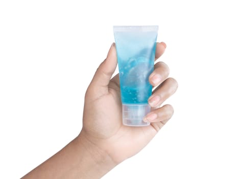 Woman hand holdding alcohol gel in plastic tube for washing hand, health care and medical concept