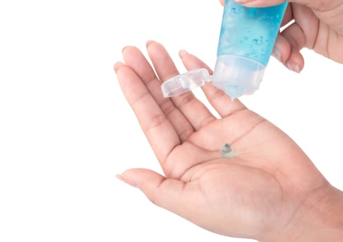 Woman hand using alcohol gel in plastic tube for washing hand, health care and medical concept