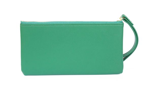Closeup modern green color woman wallet on white background