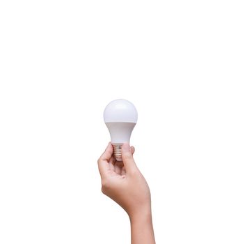 Isolated of woman hand holding LED bulb on white background