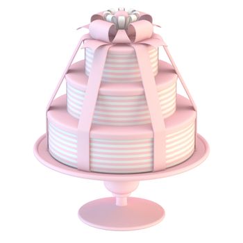 Pink white cake with ribbon bows 3D render illustration isolated on white background