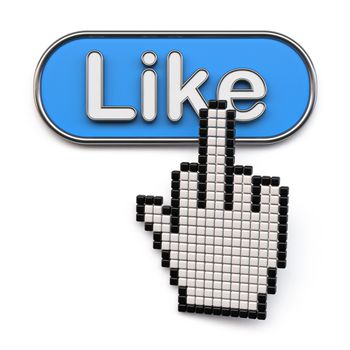 Cursor hand with middle finger on like button 3D render illustration isolated on white background