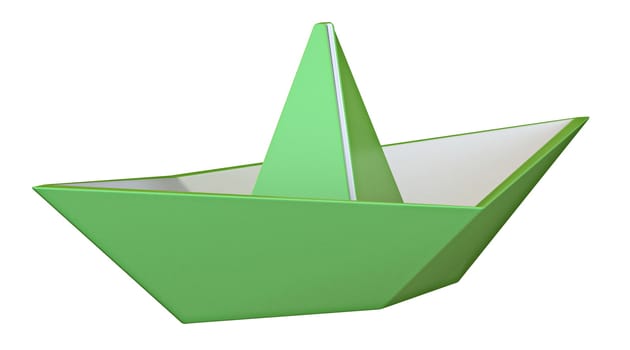 Green origami paper boat 3D render illustration isolated on white background