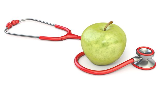 Red stethoscope with green apple 3D render illustration isolated on white background