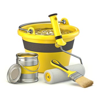 Yellow bucket, color can and brushes DIY concept 3D render illustration isolated on white background