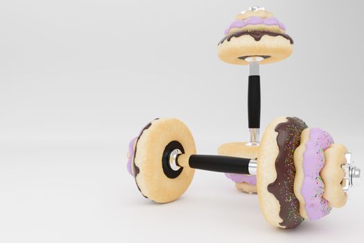 Dumbbell or barbell in the shape of donut on white background. Strawberry and chocolate flavours and have sprinkles on top of doughnut. Concept of diet and fitness for lose weight. 3D illustration.