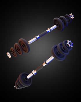 Dumbbell floating in dark background. Copy space on left. It is equipment for workout or fitness in gym. Made from iron and a lot of weight. 3D illustrator rendering. Concept of muscle health care.