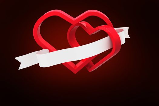 Linking hearts against red background with vignette