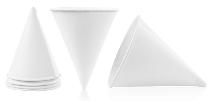 Disposable paper cone water cups isolated on white background, Save clipping path.