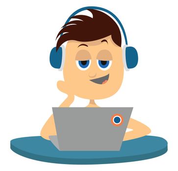 Boy with lap top , illustration, vector on white background