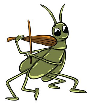 Grasshopper with violin , illustration, vector on white background