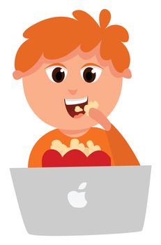 Boy watching movie and eat popcorn , illustration, vector on white background