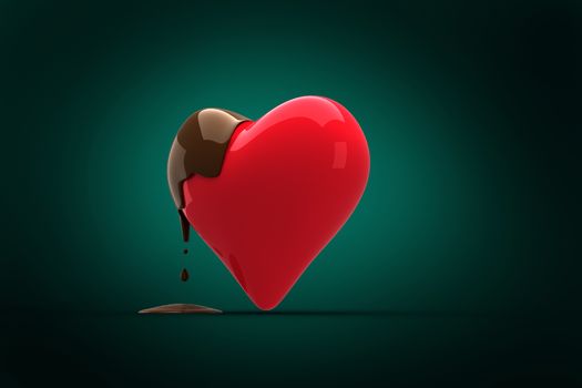 Heart dipped in chocolate against green background with vignette