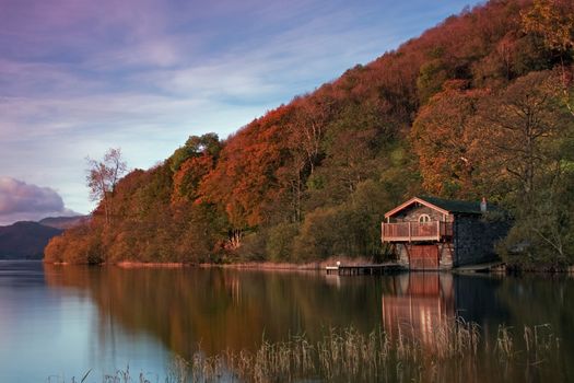 The Duke of Portland boathouse is an iconic landmark on the banks of Ullswater, Cumbria in the English Lake District national park.