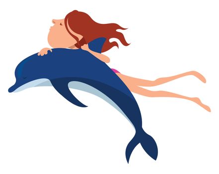Girl swiming with dolphin , illustration, vector on white background