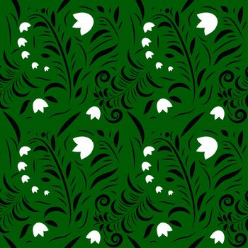 flower print pattern background with leaves, flowers, berries, swans, rowanberry for fabrics, wallpaper, interior, wall-coverings.