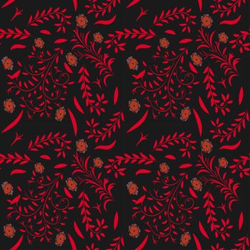 flower print pattern background with leaves, flowers, berries, swans, rowanberry for fabrics, wallpaper, interior, wall-coverings.