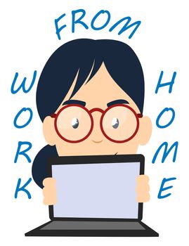 Girl working from home, illustration, vector on white background