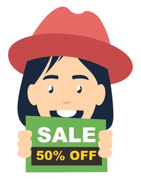 Girl with sale sign, illustration, vector on white background