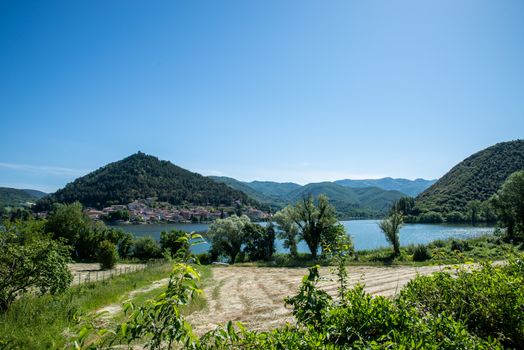 panorama of the village of piediluco seen from the other side of the lake