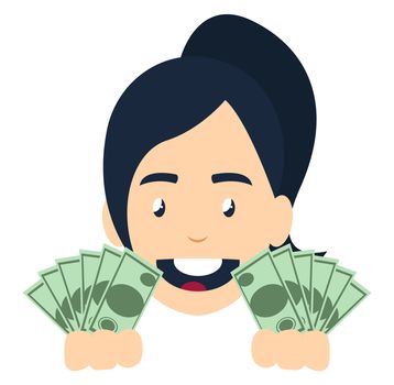 Girl with money, illustration, vector on white background