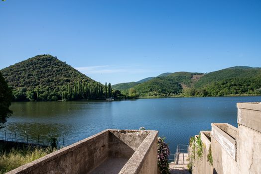 piediluco lake with view of the island in the middle of the lake