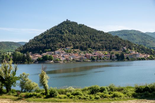 panorama of the village of piediluco seen from the other side of the lake