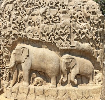 Descent of the Ganges is one of the Group of Monuments at Mahabalipuram and it is a UNESCO World Heritage Site. It is a giant open-air rock cut bas relief sculptures carved on two monolithic rocks. The story depicted in the relief is the descent of the sacred river Ganges to earth from the heavens. The relief was created by Narasimhavarman-1 to celebrate the victory over Chalukiya king. There are 146 sculptures of animals, God, people and half-humans carved in the rock relief.
