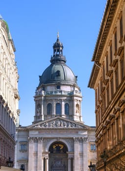 Dome of St. Stephen's Basilica in Budapest, Hungary. The text on the facade is Latin for -I am the way and the truth and the life-