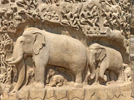 Descent of the Ganges is one of the Group of Monuments at Mahabalipuram and it is a UNESCO World Heritage Site. It is a giant open-air rock cut bas relief sculptures carved on two monolithic rocks. The story depicted in the relief is the descent of the sacred river Ganges to earth from the heavens. The relief was created by Narasimhavarman-1 to celebrate the victory over Chalukiya king. There are 146 sculptures of animals, God, people and half-humans carved in the rock relief.