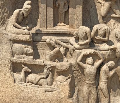 Descent of the Ganges is one of the Group of Monuments at Mahabalipuram and it is a UNESCO World Heritage Site. It is a giant open-air rock cut bas relief sculptures carved on two monolithic rocks. The story depicted in the relief is the descent of the sacred river Ganges to earth from the heavens. The relief was created by Narasimhavarman-1 to celebrate the victory over Chalukiya king. There are 146 sculptures of animals, God, people and half-humans carved in the rock relief.