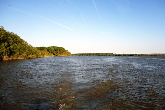Panorama of natural forests on the banks of the Danube river that bathes the Calarasi pond, between km 366 and km 370, Romania