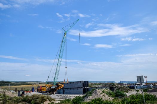 Steel parts of the bridge structure. Construction of a road junction.