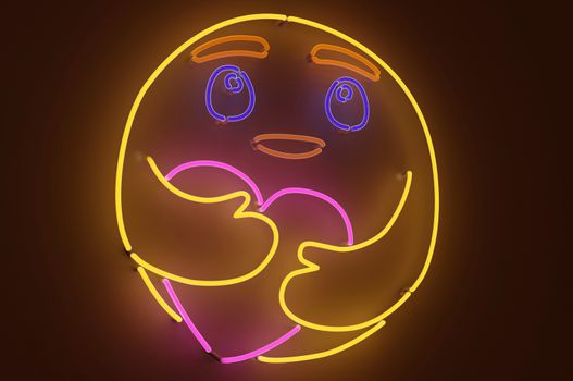 3d rendering  , Neon sign background " Care Emoji " Sign hanging on a wall and lit brightly.